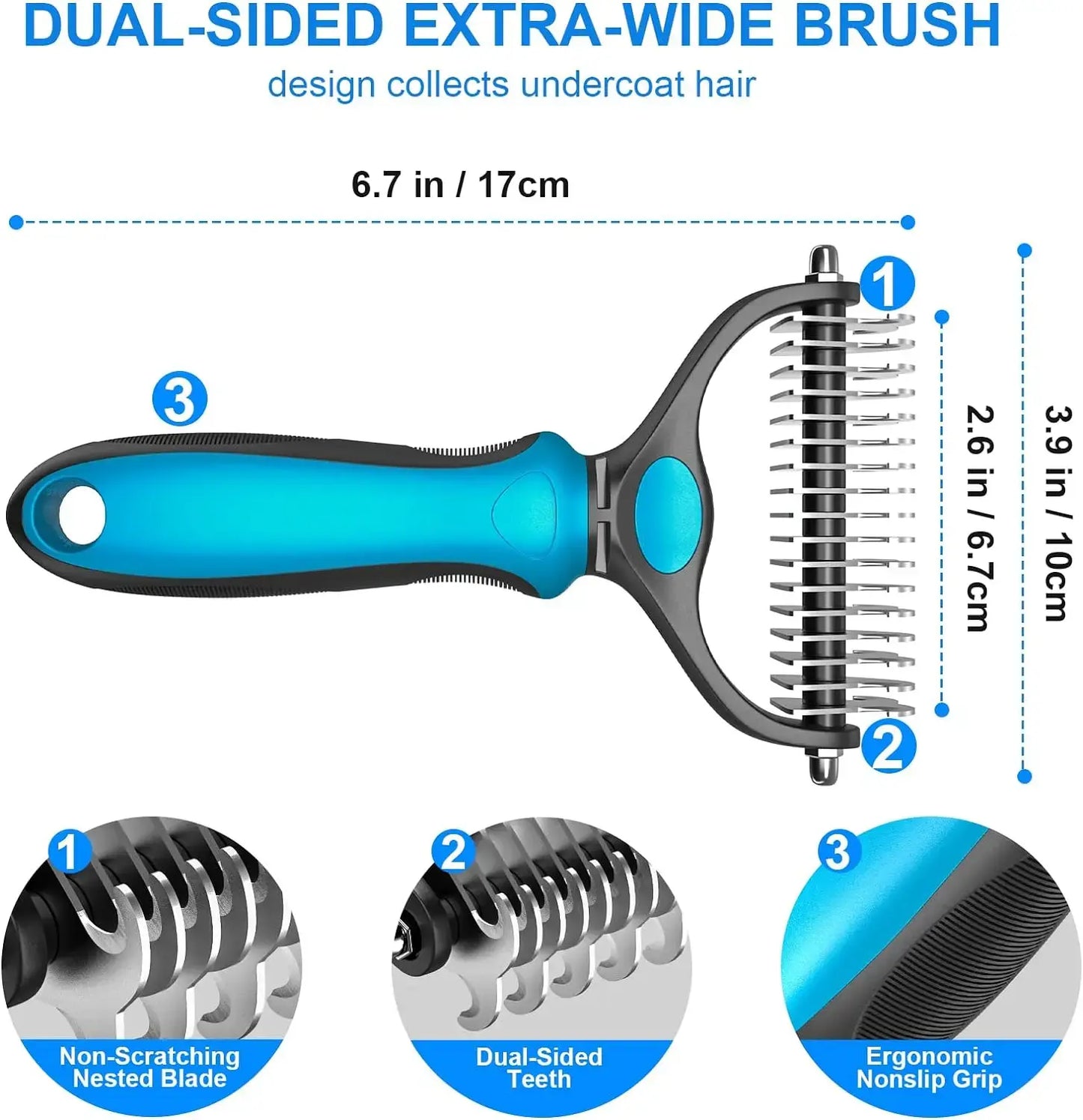 Pet Grooming Brush-Double Sided Hurtless Shedding and Dematting Undercoat Rake Comb for Dogs and Cats, No More Nasty Shedding or Flying Hair