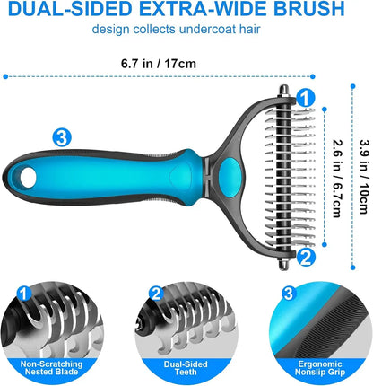  Pet Grooming Brush-Double Sided Hurtless Shedding and Dematting Undercoat Rake Comb for Dogs and Cats, No More Nasty Shedding or Flying Hair