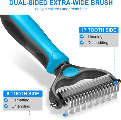  Pet Grooming Brush-Double Sided Hurtless Shedding and Dematting Undercoat Rake Comb for Dogs and Cats, No More Nasty Shedding or Flying Hair