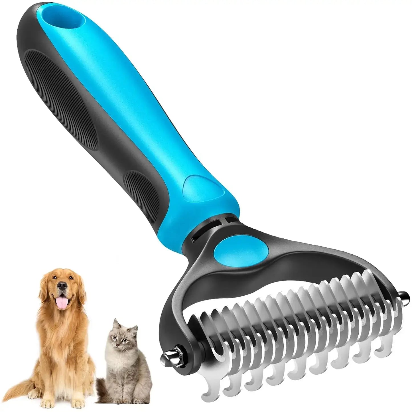  Pet Grooming Brush-Double Sided Hurtless Shedding and Dematting Undercoat Rake Comb for Dogs and Cats, No More Nasty Shedding or Flying Hair