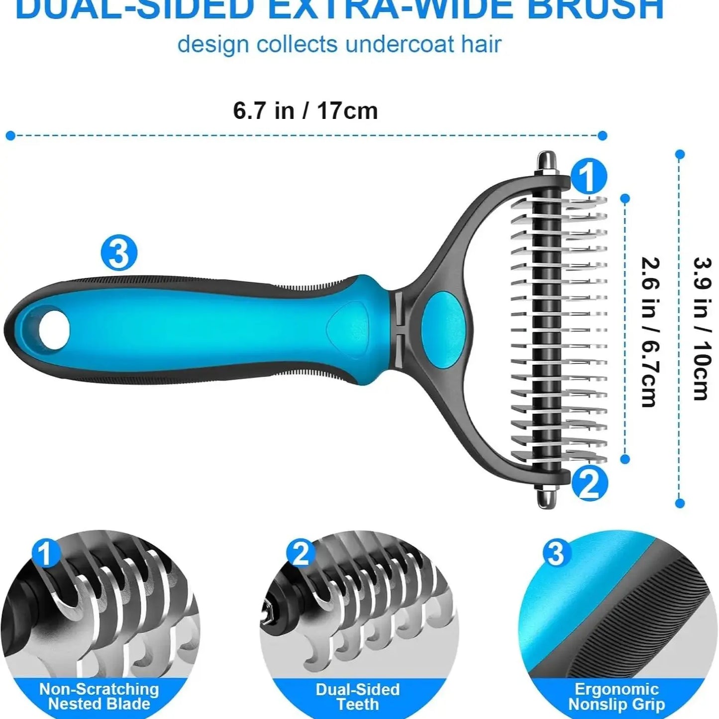 Pet Grooming Brush-Double Sided Hurtless Shedding and Dematting Undercoat Rake Comb for Dogs and Cats, No More Nasty Shedding or Flying Hair